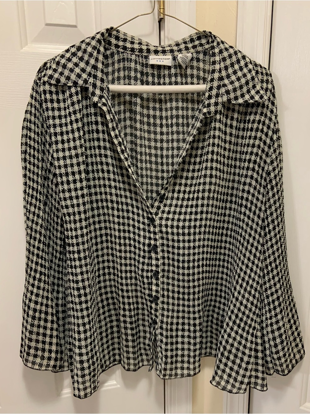 Covington Black and White Houndstooth Button-Down Top